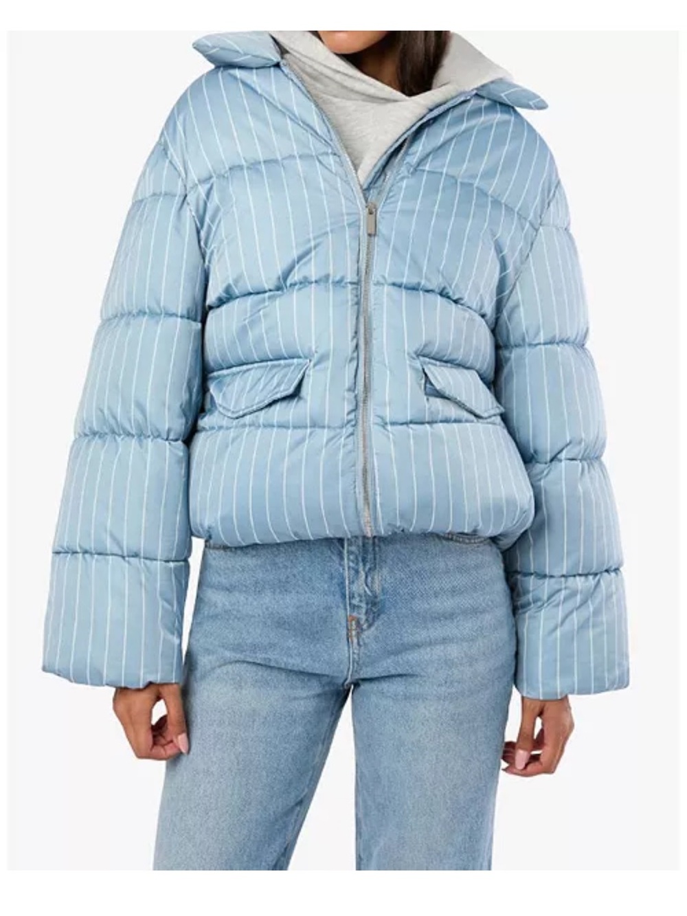 WeWoreWhat Light Blue Pinstripe Puffer Jacket